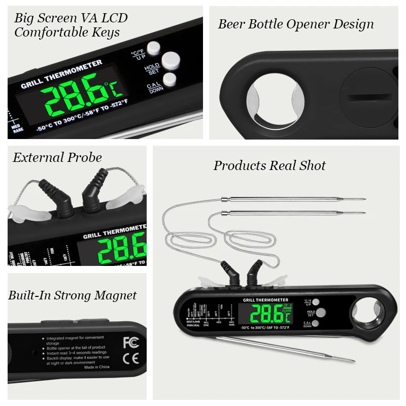 3 in 1 Digital Meat Thermometer Instant Read Food Thermometer with 2 Wired Probe LCD Backlight for Grilling Cooking BBQ Kitchen