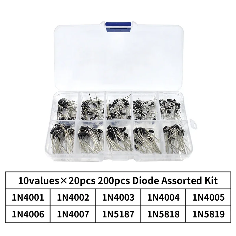 

200PCS / BOX 10 Values Rectifier Diode Assorted Kit 1N4001 1N4002 1N4003 1N4004 1N4005 1N4006 1N4007 1N5817 1N5818 1N5819