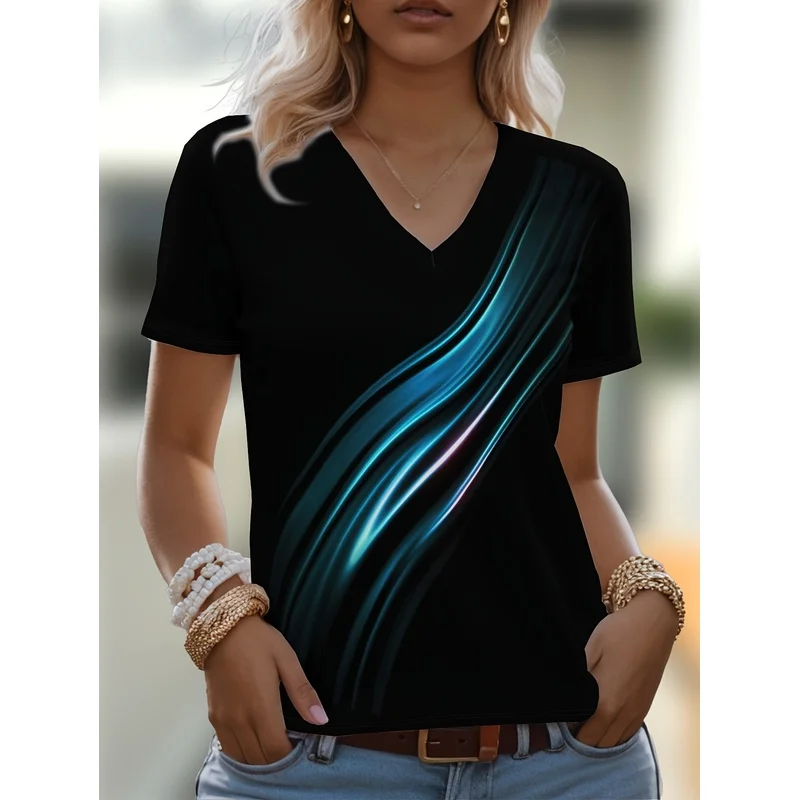 T-Shirt, Summer Fashion 3D Printed Line Curves Simple Pattern, V-Neck Short-Sleeved Top,Europe and the United States