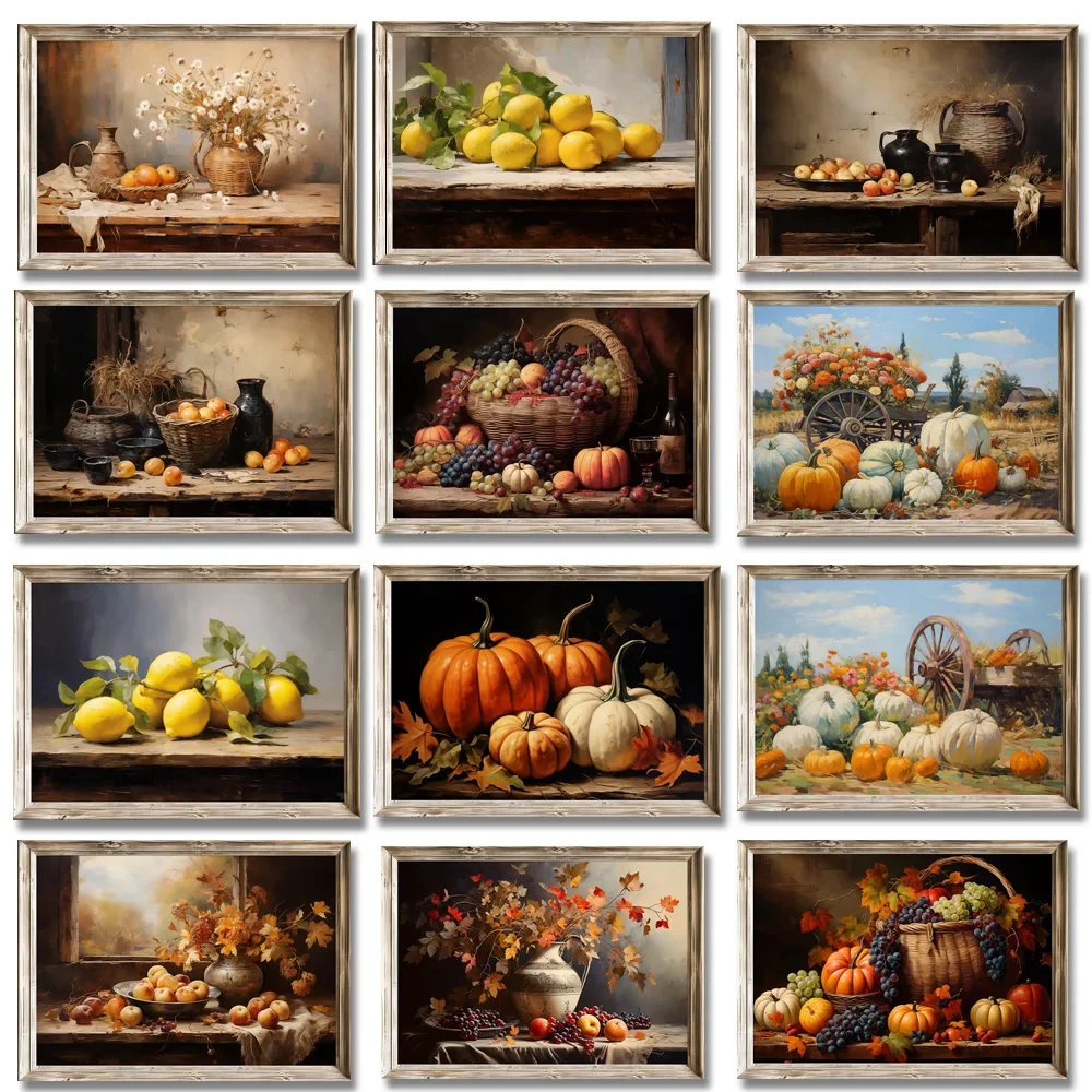 1pc frameless Canvas Painting Autumn Pumpkin Harvest Lemons Fruit Apples Farmhouse Kitchen Table Poster Print Canvas Painting Wa