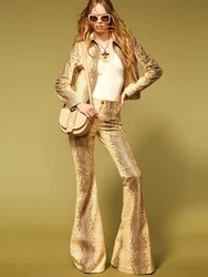 HIGH STREET Newest 2026 Designer Suit Set Women's Snake Skin Patterned Leather Jacket Flare Pants Set