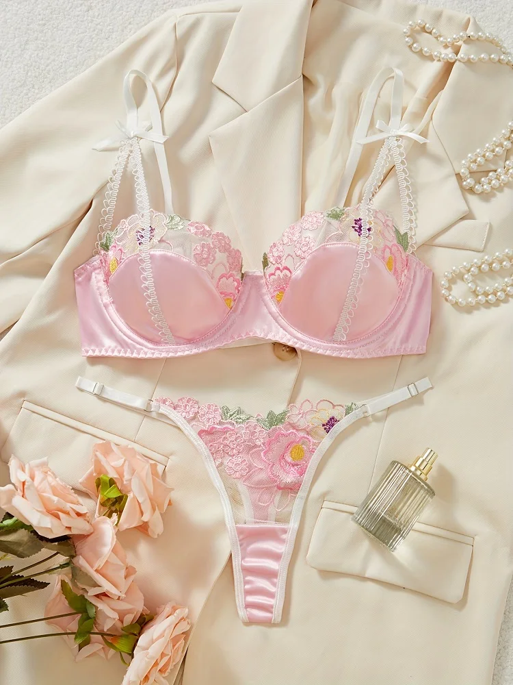 Fairy Sexy Lingerie Pink Embroidery Bra Sets Beautiful Women Underwear Ultra-thin Fancy Lingerie Three-Point Intimate Sex Suit