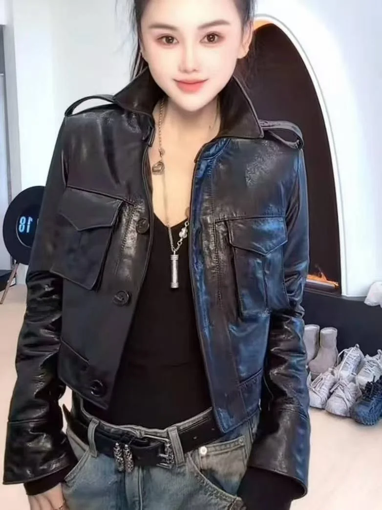 

Новая женская куртка из натуральной овчины 2026 года, мотоциклетная, на молнии, с эффектом масляной пропитки, модное длинное пальто с карманами