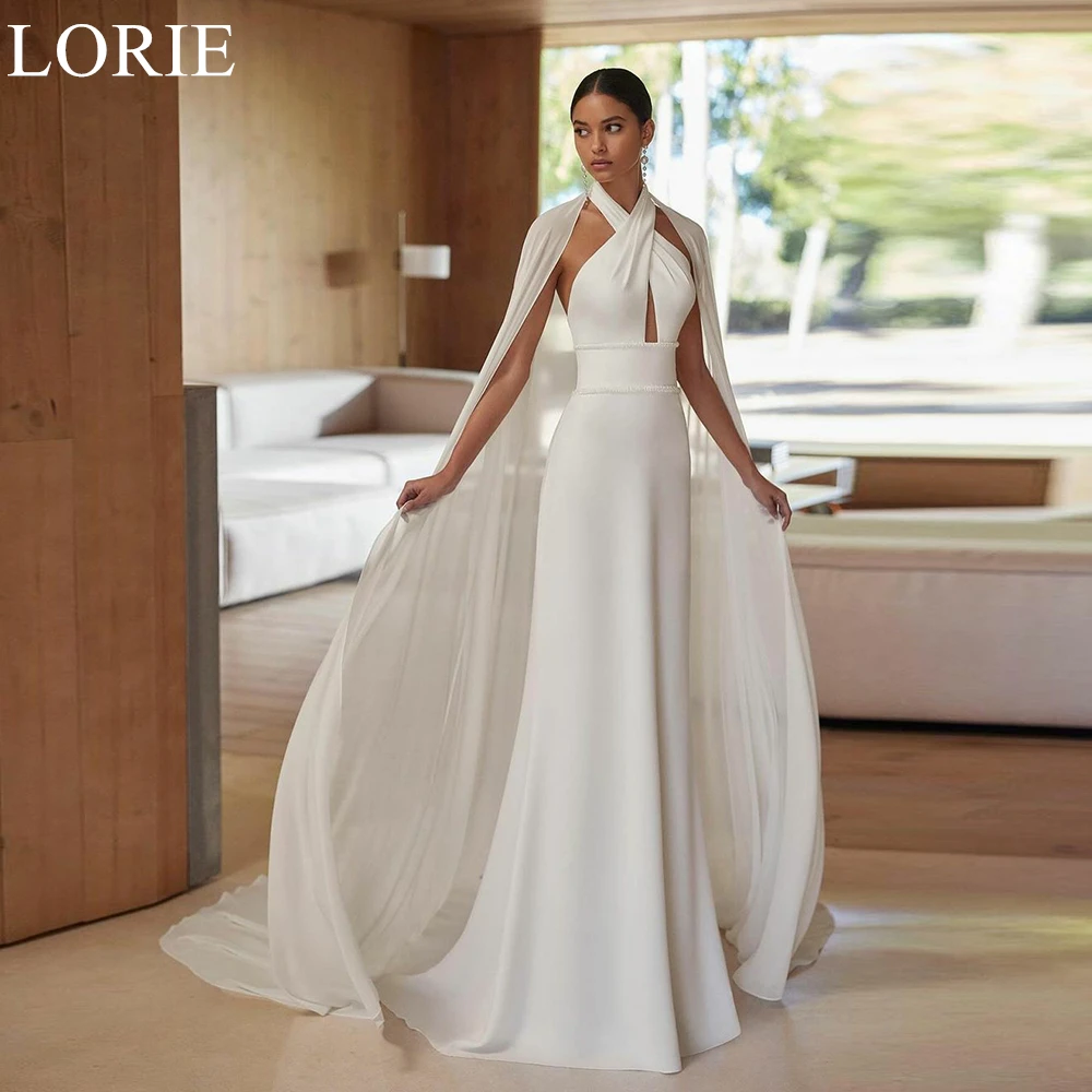 

LORIE Elegant Satin Wedding Dresses with Cape Halter Beading Mermaid Backless Sexy Bride Prom Gown 2024 Bridal Gowns Customized