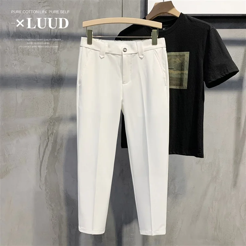 

Мужские брюки Slim Fit белого цвета с эластичным поясом, деловой стиль, британский джентльменский фасон, прямые штанины, длина 7/8