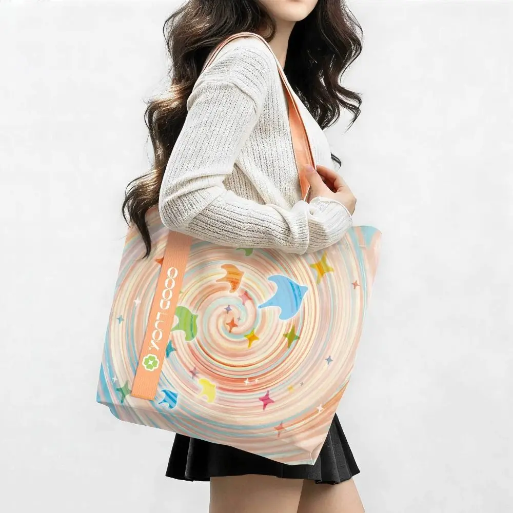 Simple Lucky Revolving Door Design Canvas Bag Large Capacity Lightweight Tote Bag Reusable Versatile Lunch Bag Ladies and Girls