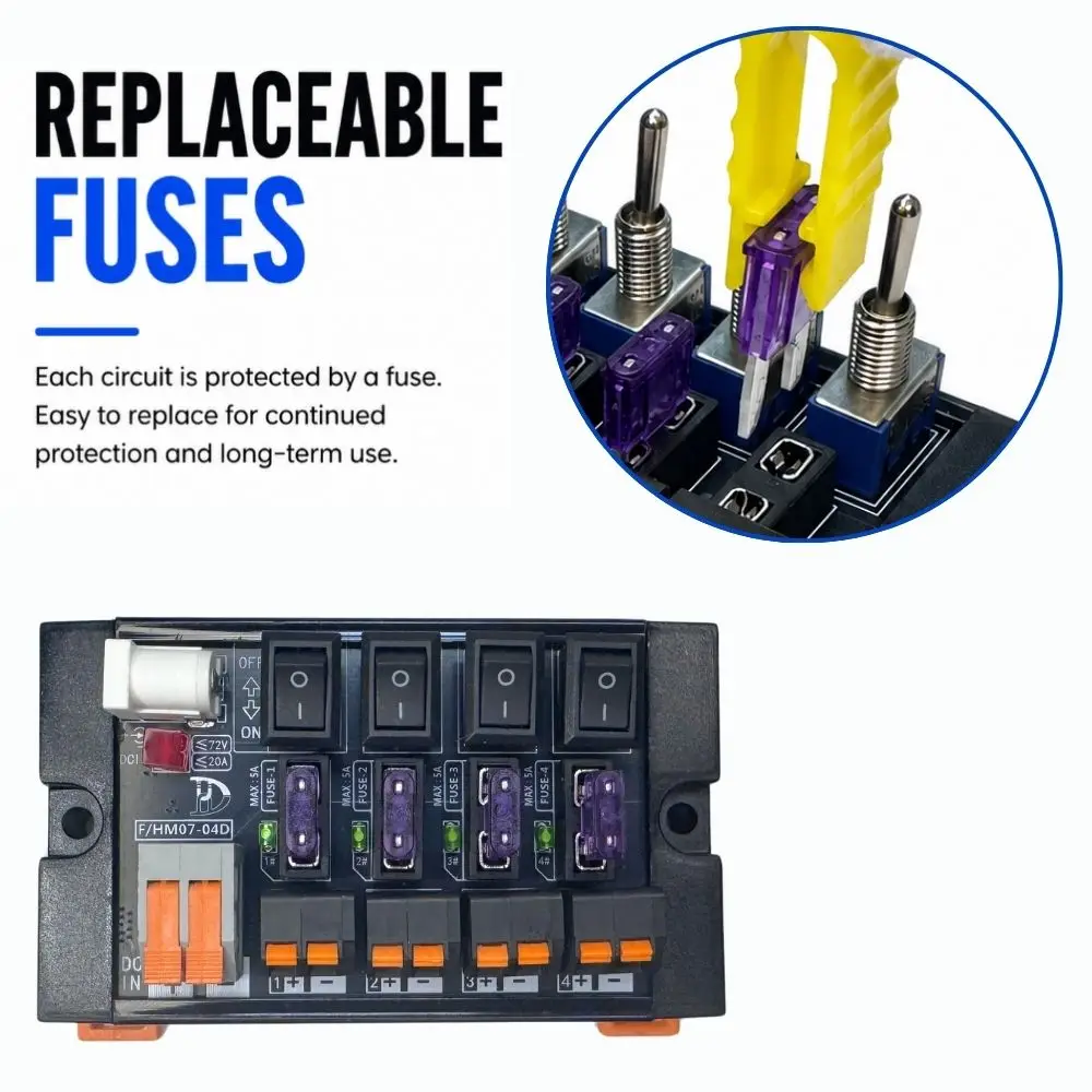 4 Channels DC Power Distribution Module with Rocker Switches Independent Channels with Fuse Protection and LED Status Indicators