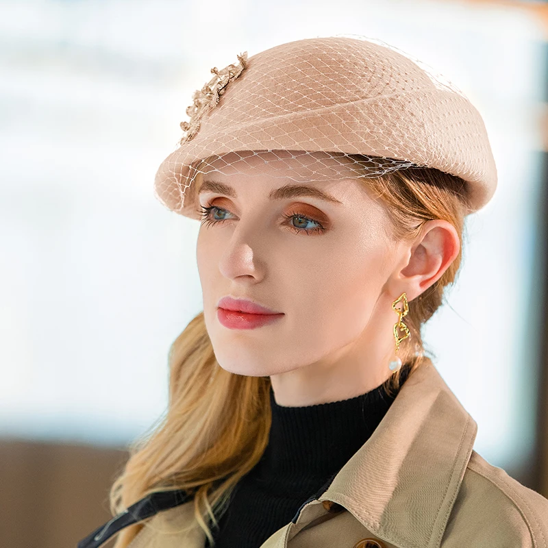 

X4177 Lady Wool Beret Hat Fashion Veil Women's Hat Wedding Ladies Cap Felt Bow Berets Caps Pillbox Hat Chapeau Painter Caps