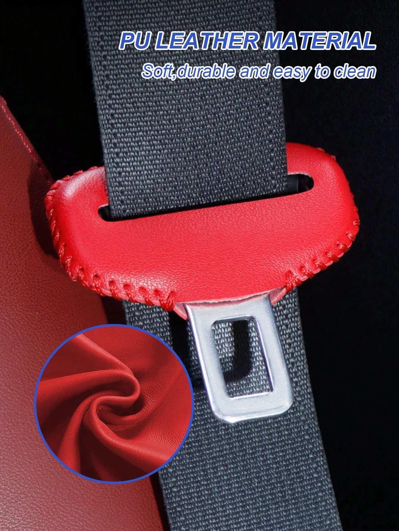 2個のPUレザーシートベルトバックルプロテクター - 傷つきにくい、快適な車のシートベルトインサートプロテクター、ステッチエッジ付き