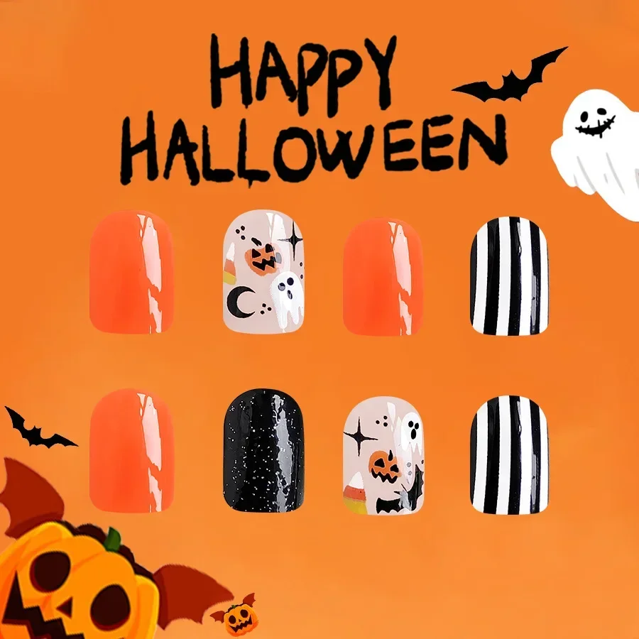 Faux ongles courts pour femmes et filles, Halloween souhaits on, mesurost Stripe, N64.Pumpkin, Bat, French Elements, 24PCs