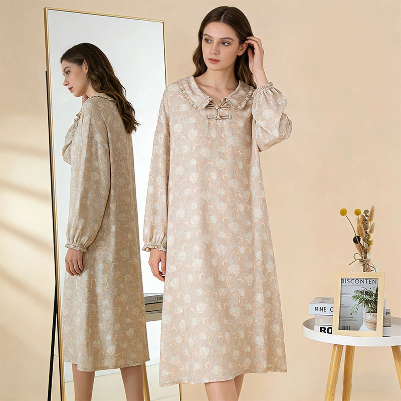 2026 Spring New Women's 100% Cotton Double Layer Gauze Nightgown Soft Nightdress Sweet Lace Peter Pan Collar Loose Sleep Dress