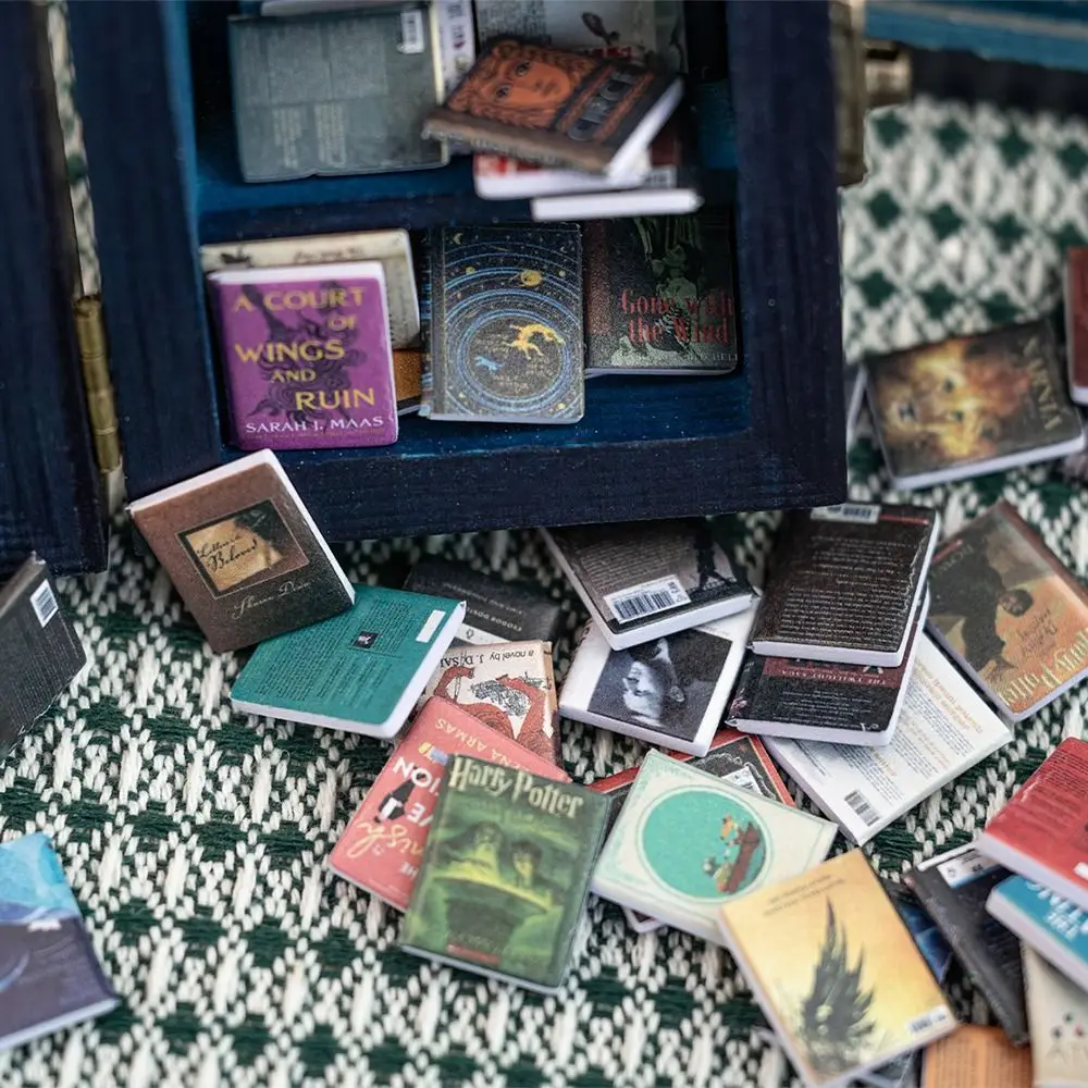 رف كتب خشبي للقلق ديكور منزلي رف كتب مصغر محمول لعبة تخفيف الضغط 60 قطعة كتب صغيرة #3