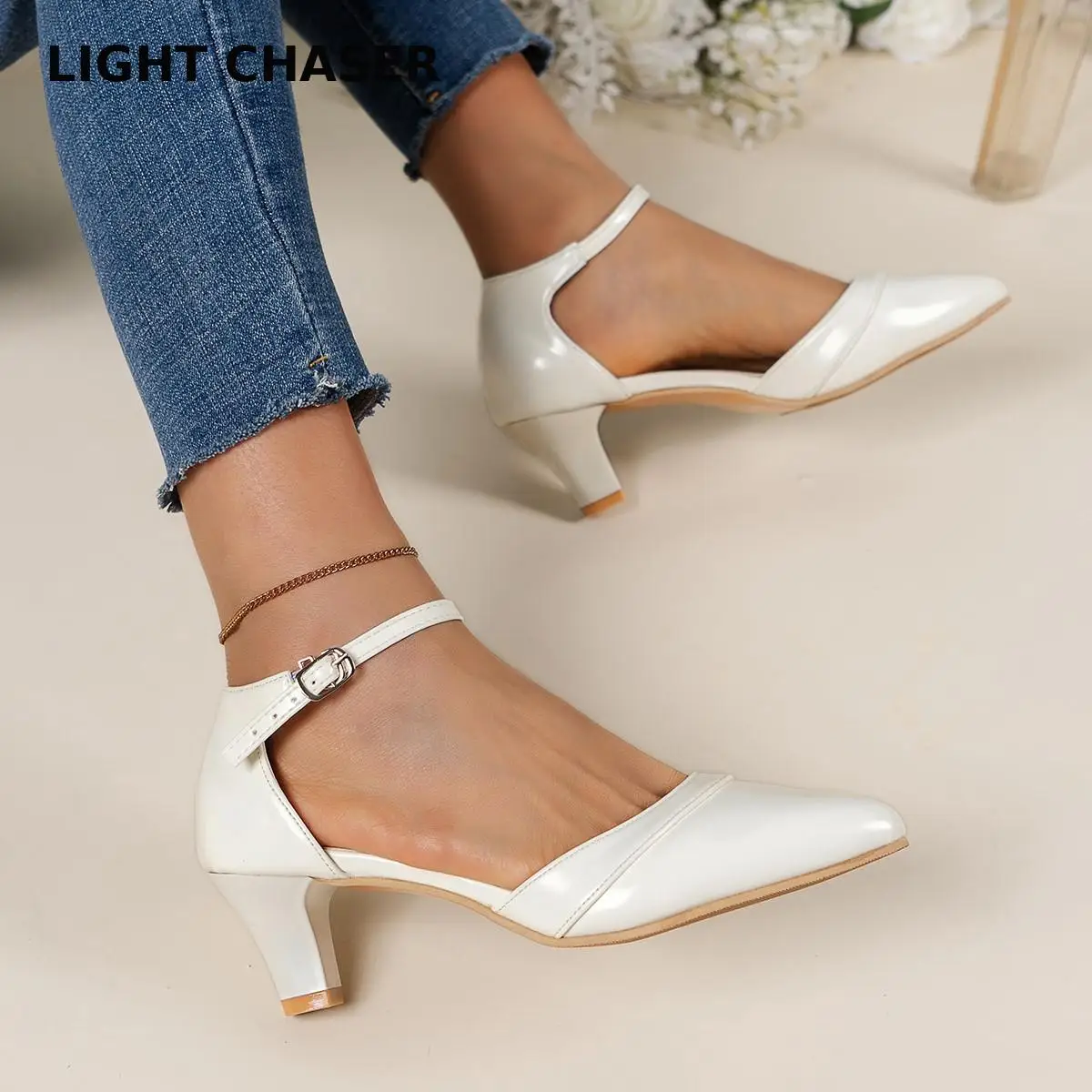 Spring Autumn Pointed Thick Heel Hollow Single Shoes Women's New Summer Bag With A Word Buckle Large Size Women's High Heels