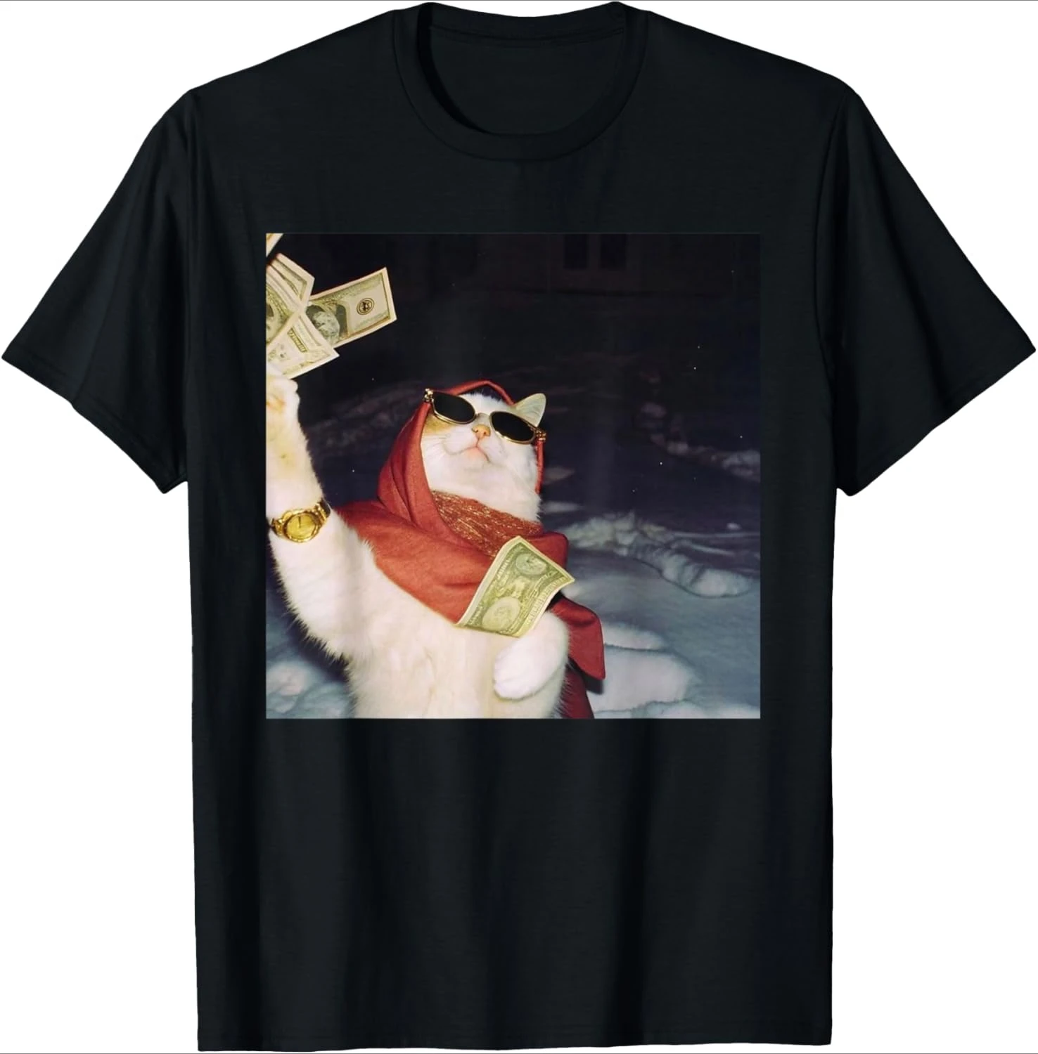 2026Noblewoman Cat Meme Money Print Black T-Shirt Funny Daily  Short-Sleeved Versatile Basic Crew Neck Top for Party