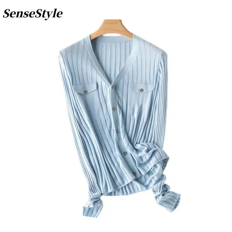 

Spring Thin 6% Silk Cardigan Women V-neck Single Breasted Pocket Long Sleeve Elegant Knitted Tops