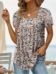 Plus Size Europe and America  Women's Cross border New Product Folded Square Neck Printed Short Sleeves