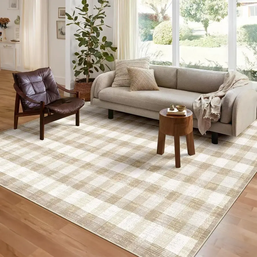 

Ковер в клетку 5x7 футов, моющийся ковер для гостиной, современный нейтральный нескользящий ковер для спальни, офиса, патио, столовой