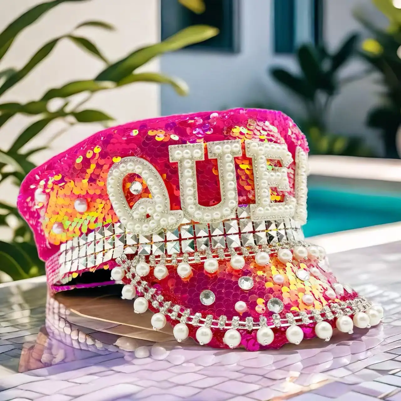 ホンルアン-ピンク-ディスコ-クイーン-スチームパンク-キャプテンハット-ラインストーン-バーニングマンフェスティバル-女性用-ミリタリーアクセサリー＆ミリタリーキャップ