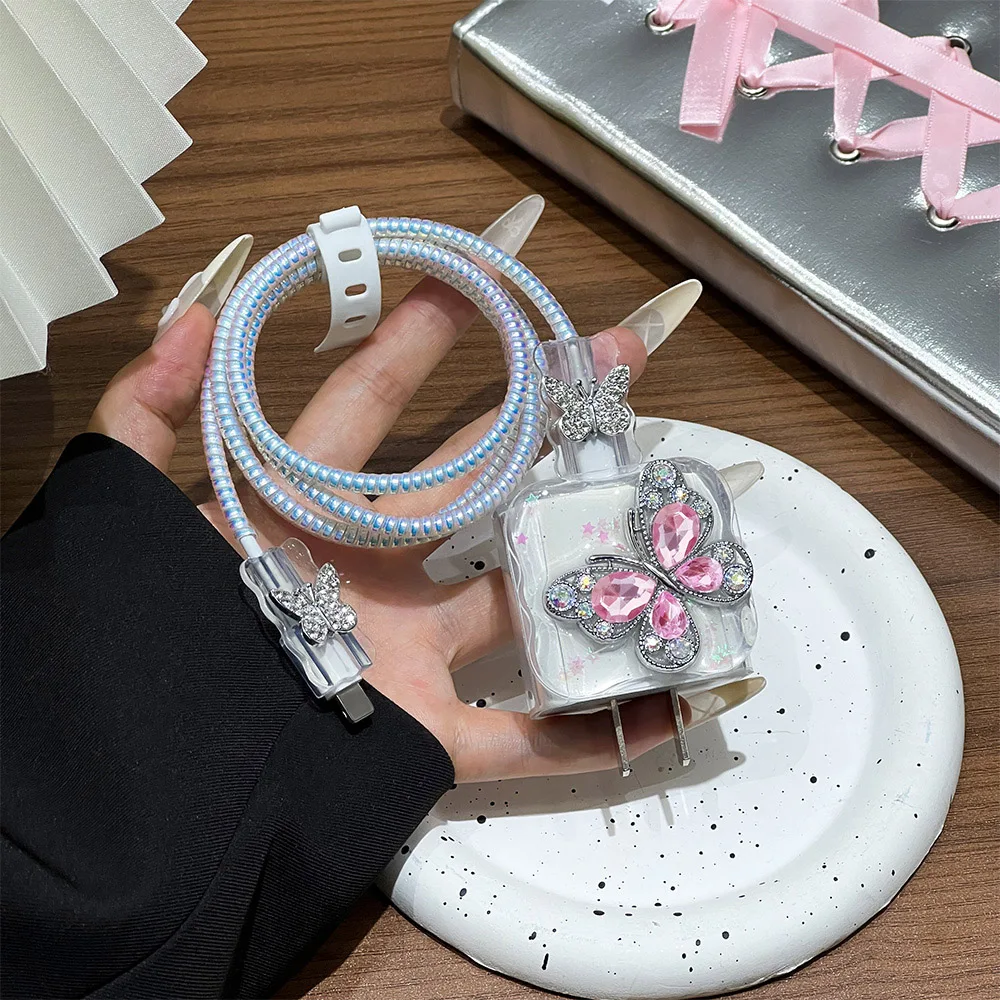 20/18W Butterfly Pearl Heart Charging Cable Protector Case For iPhone 18 17 16 Charger Head Data Anti-Bending Wire Organizer