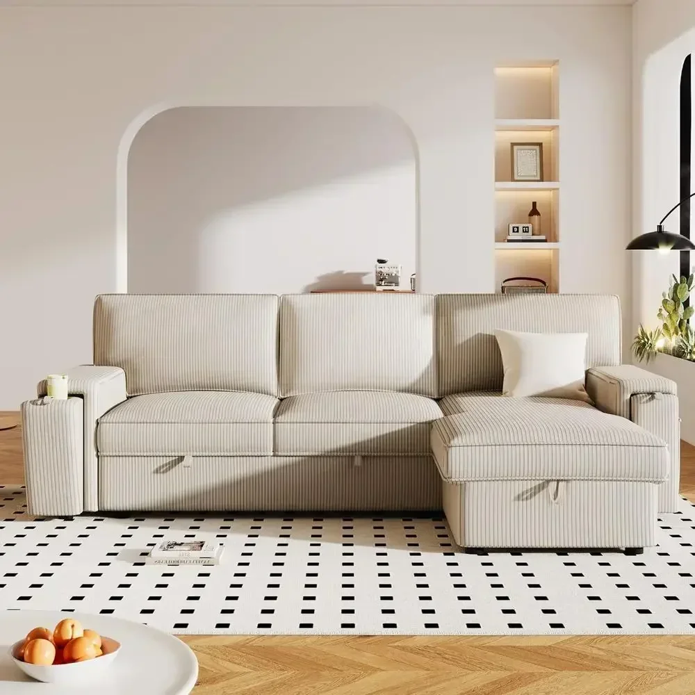 96 Corduroy 2-in-1 Convertible Sofa Bed with Storage Chaise, L-Shaped Couch, 3 Seater Living Room Furniture, Beige