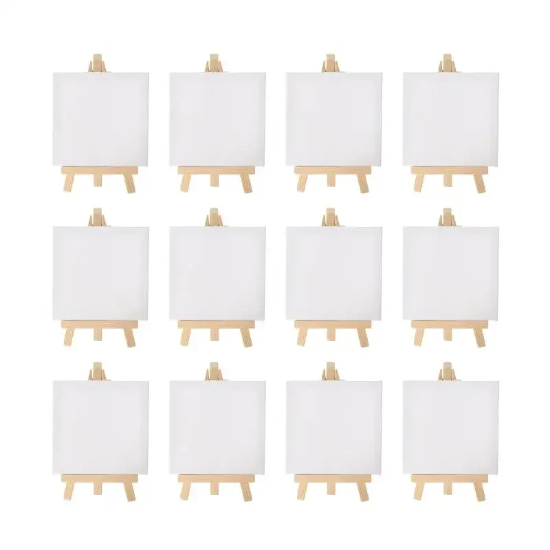 12pcs Artists 5 inch Mini Easel +3 inch x3 inch Mini Canvas Set Painting Kids Craft DIY Drawing Small Table Easel for School