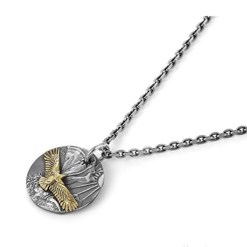 Copper plated Gold Pure Silver Flying Eagle Necklace Men's Personality Retro Thai  Unisex Round  Handmade Pendant  Jewelry Trend