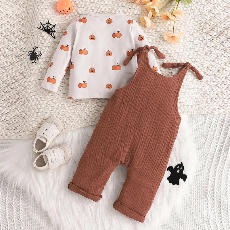 Baby Girl Halloween Outfits Long Sleeve Pumpkin Print Tops + Suspender Pants Set Infant Clothes