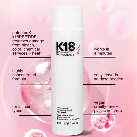 150ml K18 리브인 분자 헤어 마스크 오리지널 리페어 분자 헤어 손상된 드라이 프리지 4분 트리트먼트 모이스춰라이징