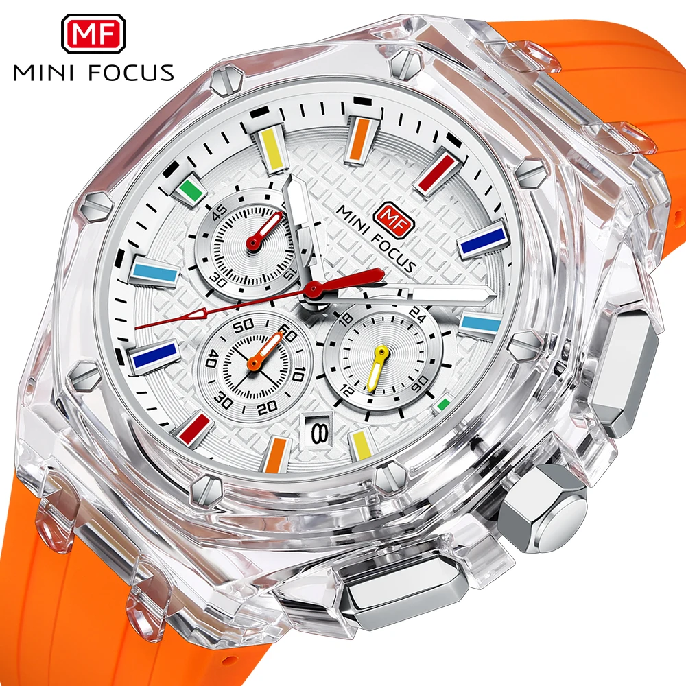 MINI FOCUS Fashion Multifunctional Quartz Watch for Men Calendar 24 Hours Display Candy Silicone Strap Luxury Mens Watches 0616G