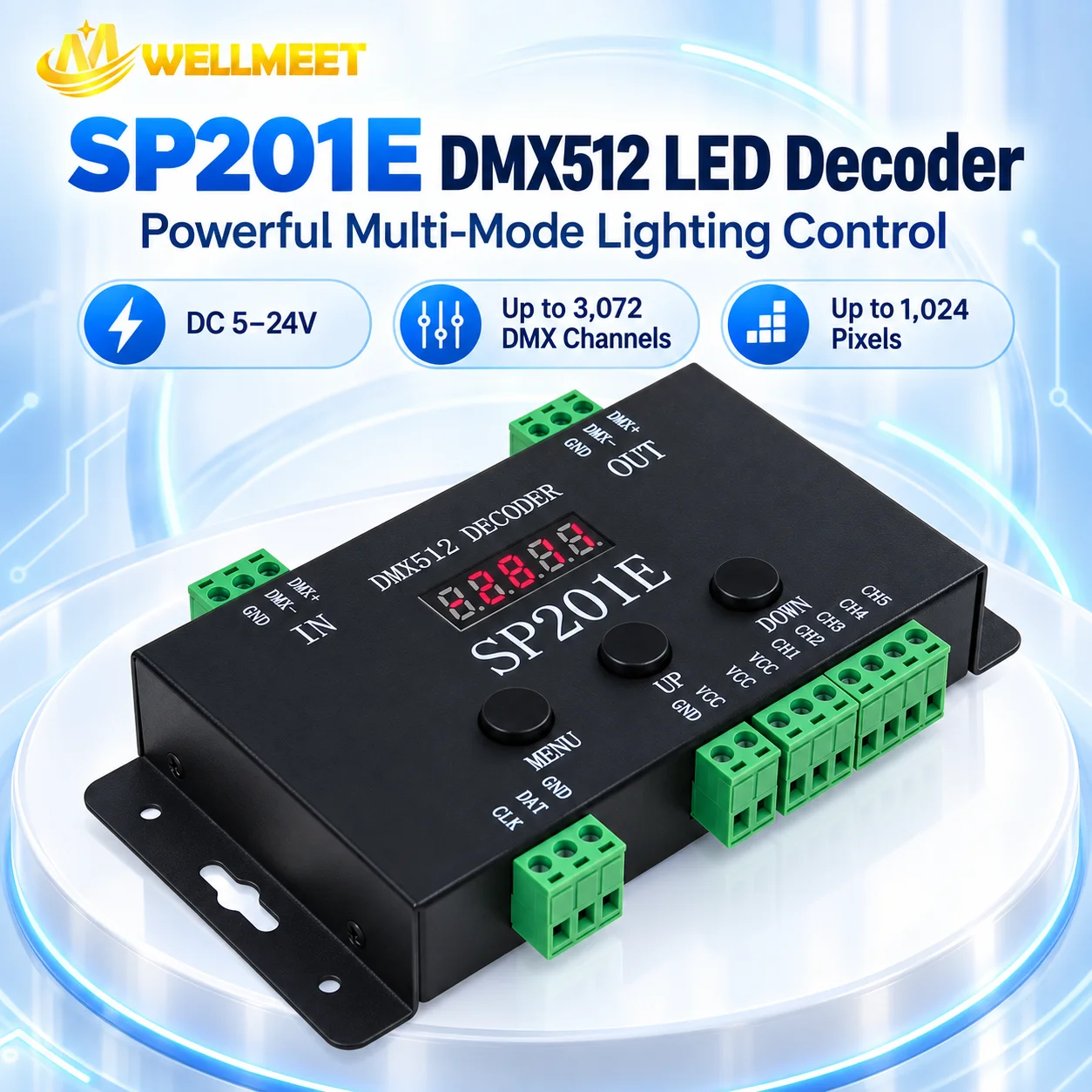 SP201E DMX512 Decoder DMX Converter Controller DC 5-24V DMX512/1990 to SPI Addressable LED 1024 Pixels PWM 5CH Dimming Signal