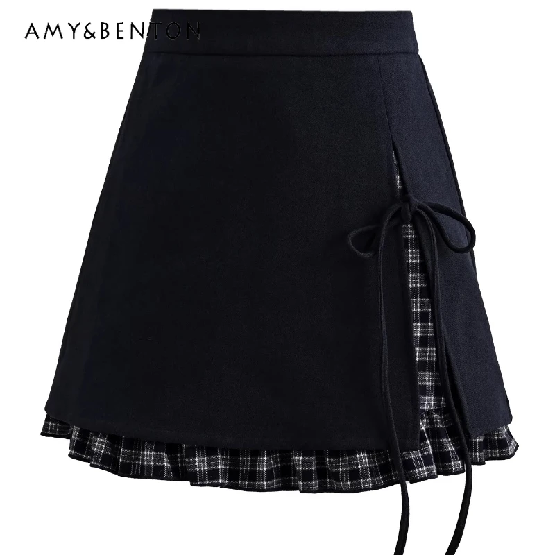 

Vintage Design College Splicing A-Line Women's Short Skirt 2026 Spring New Sweet Cool Versatile High Waist Half Skirts Ladies