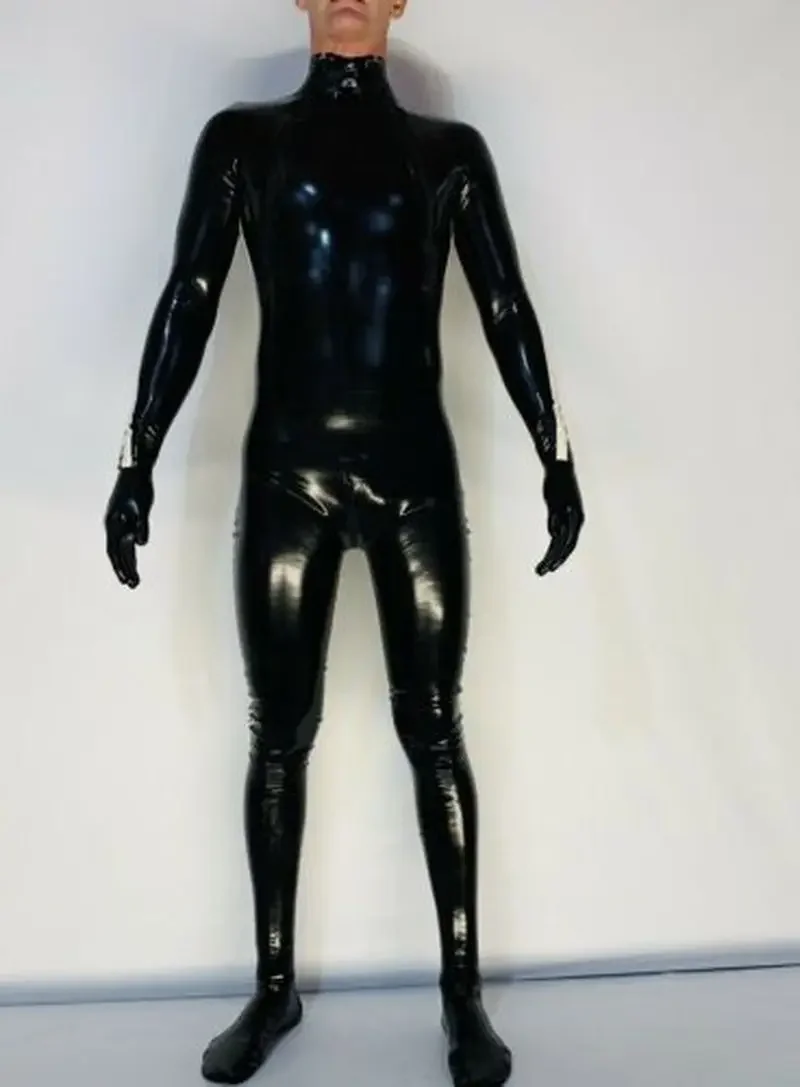 Sexy Man Latex Bodysuit Rubber Catsuit Junmpsuit with Toe Gloves and Socks White Strips Back Zippers