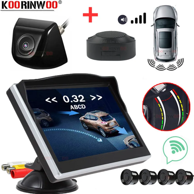 

Интеллектуальная система Koorinwoo для автомобилей, датчики парковки, 4 черных/серебристо-серых зонда, широкоугольная камера, монитор заднего вида на лобовое стекло