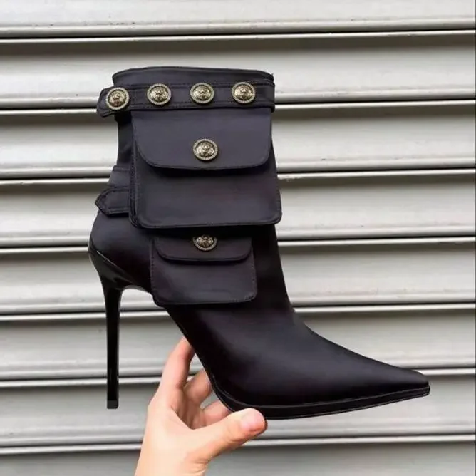 2026 Newest Pocket Boots Retro Metal Button Pointed Toe Ankle Boots Stiletto Heel Leather Short Boots Women Fashion Shoes