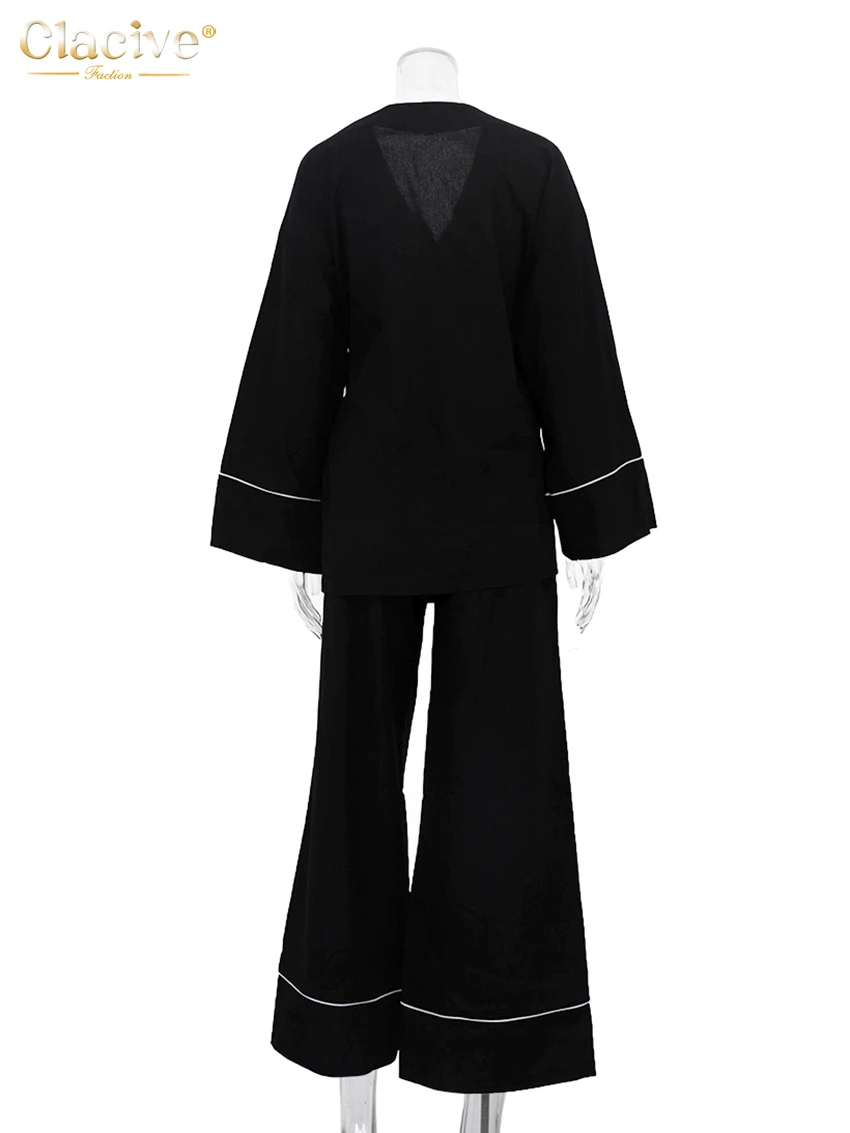 Cclacive Fashion Loose Black Cotton Women's Two Pieces Set 2025 Casual Long Sleeve Shirt With High Waist Wide Pants Set Female view 6