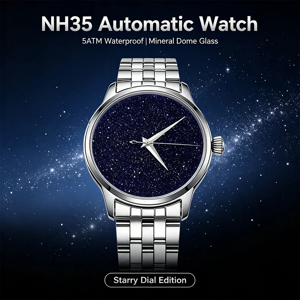 custom Cocktail Style NH35 Automatic Mechanical Watch 40.5mm Rose Gold Black Starry Dial Mineral Glass Stainless Steel Strap