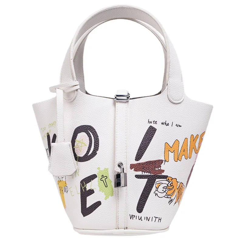 

New Casual Basket Bucket Bag for Women Ladies Large-capacity Shoulder Crossbody Handbag Cartoon Graffiti Tote Purse Personality