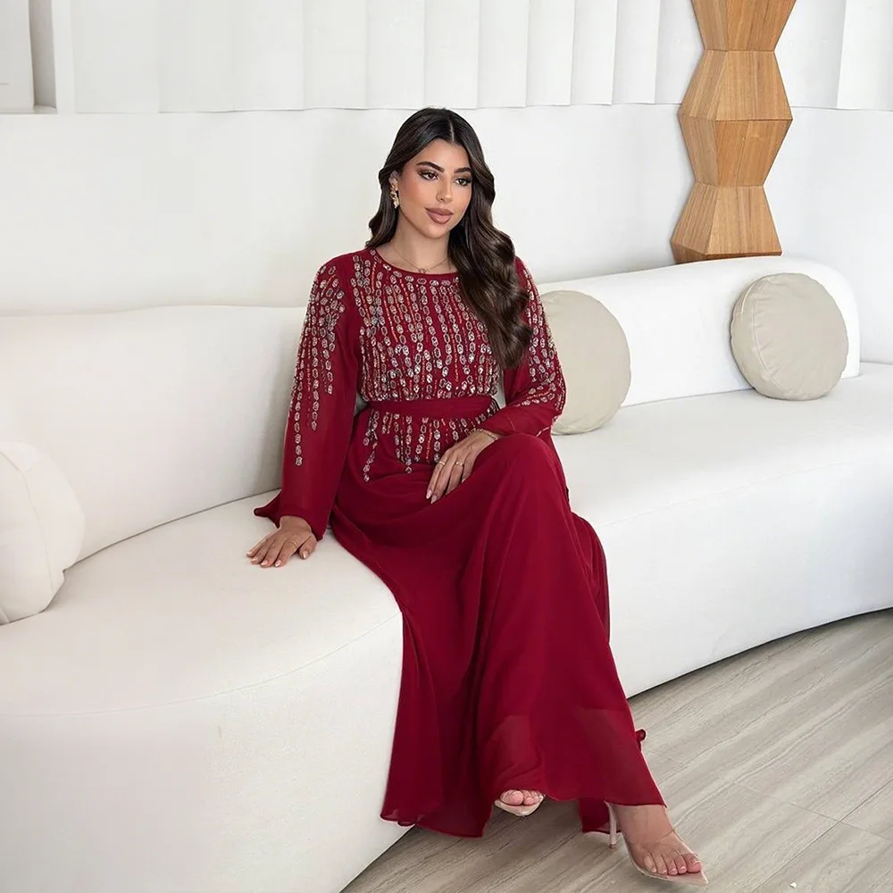 Fashion Muslim Women's Solid Color Diamond Studded Elegant Casual Trendy Loose Luxury Long Sleeve O-neck Chiffon Dress Female