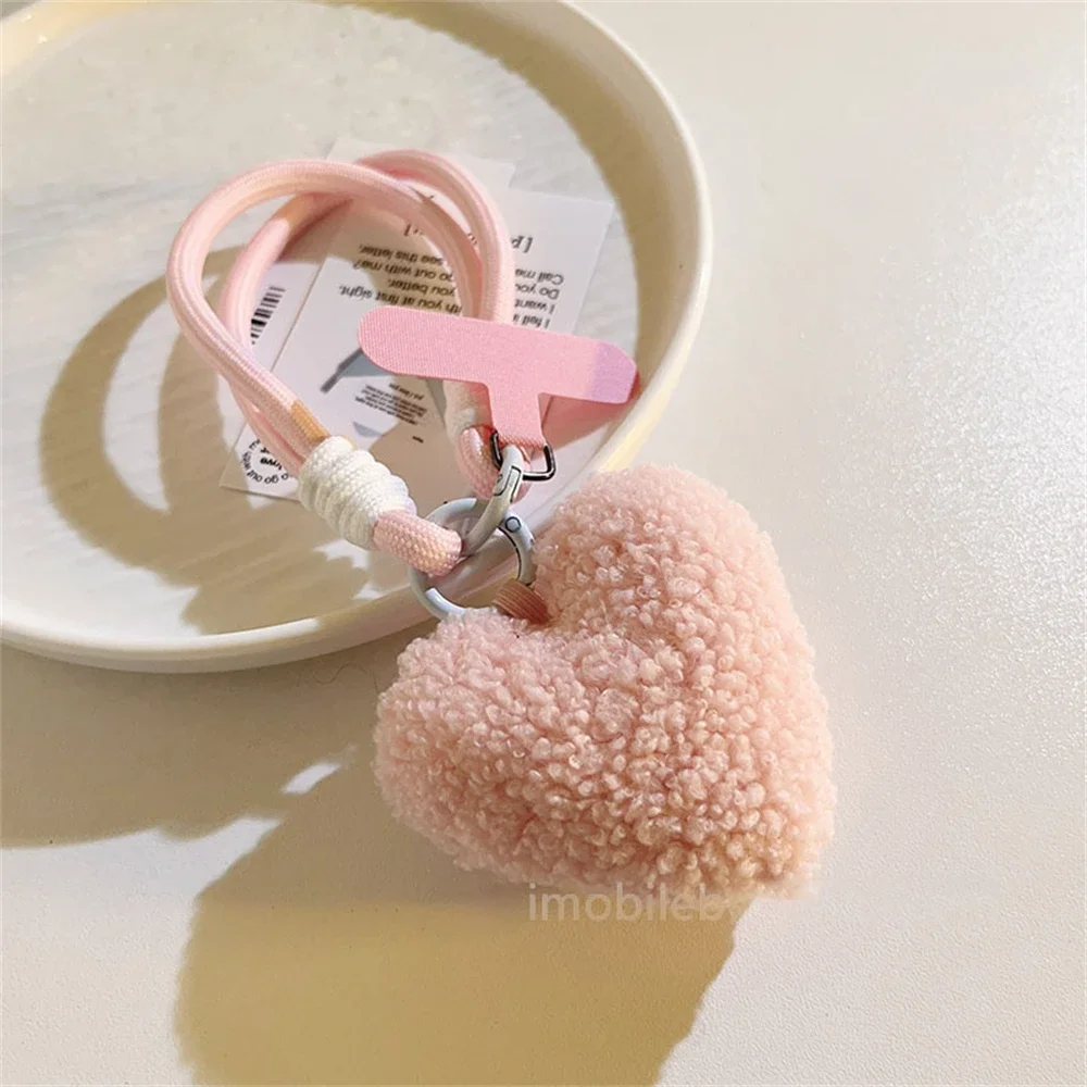 Plush Love Heart Lanyard Keychains Key Chain Rings Phone Strap Mesh Landyard Bags Braided Strips Keycord Hanging Accessories