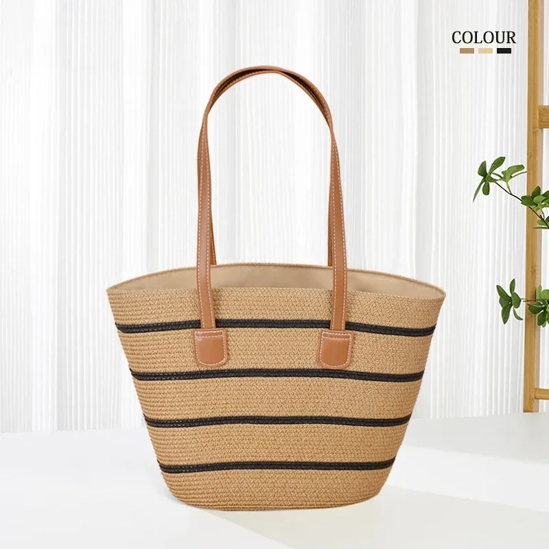 

Summer Stripe Tote Bag Straw Bag Women's New Beach Seaside Outdoor Travel Vacation Large Capacity Shoulder Bag Portable Basket