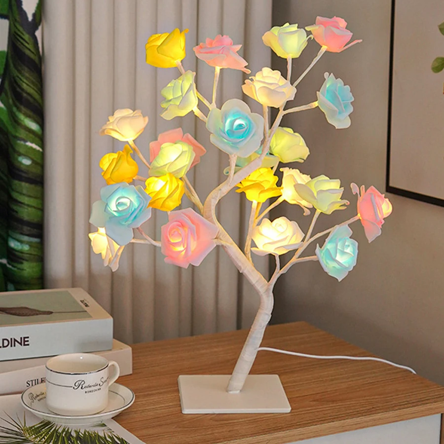 

24 LED Tabletop Artificial Rose Flower Tree Light USB Powered Flower Rose Bonsai Lamp Christmas Gift Party Wedding Decor