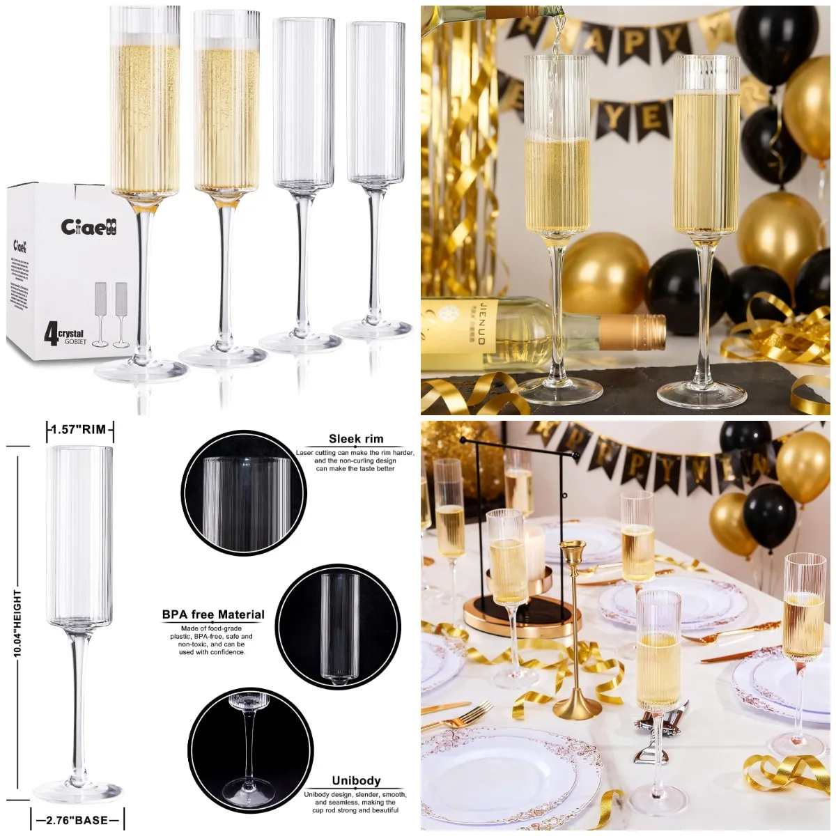 

Champagne Flutes Set of 4 - Vintage Ribbed Crystal Hand-Blown Stemware - Elegant Gift for Wedding, Birthday, Anniversary