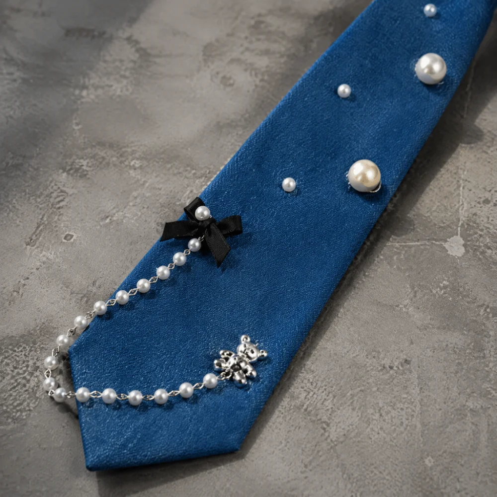 Cowboy Style Denim Pre Tied Necktie with Tassel Beaded Denim Chain Necktie Jewelry Accessories Elastic Strap Denim Pearl Necktie