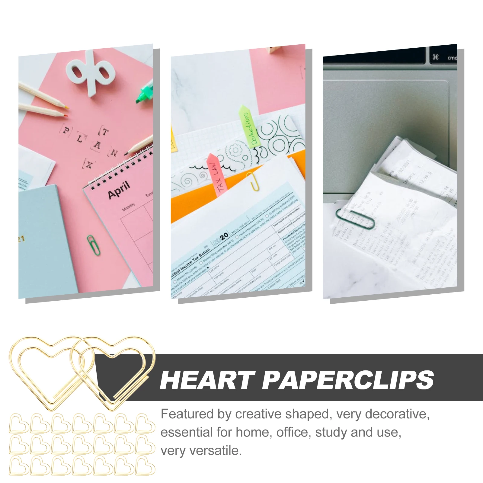 

100 Pcs Heart Paper Clips Metal Stationery Cute Mini Office Supplies Golden Decorative Document Clips Creative for Notebooks