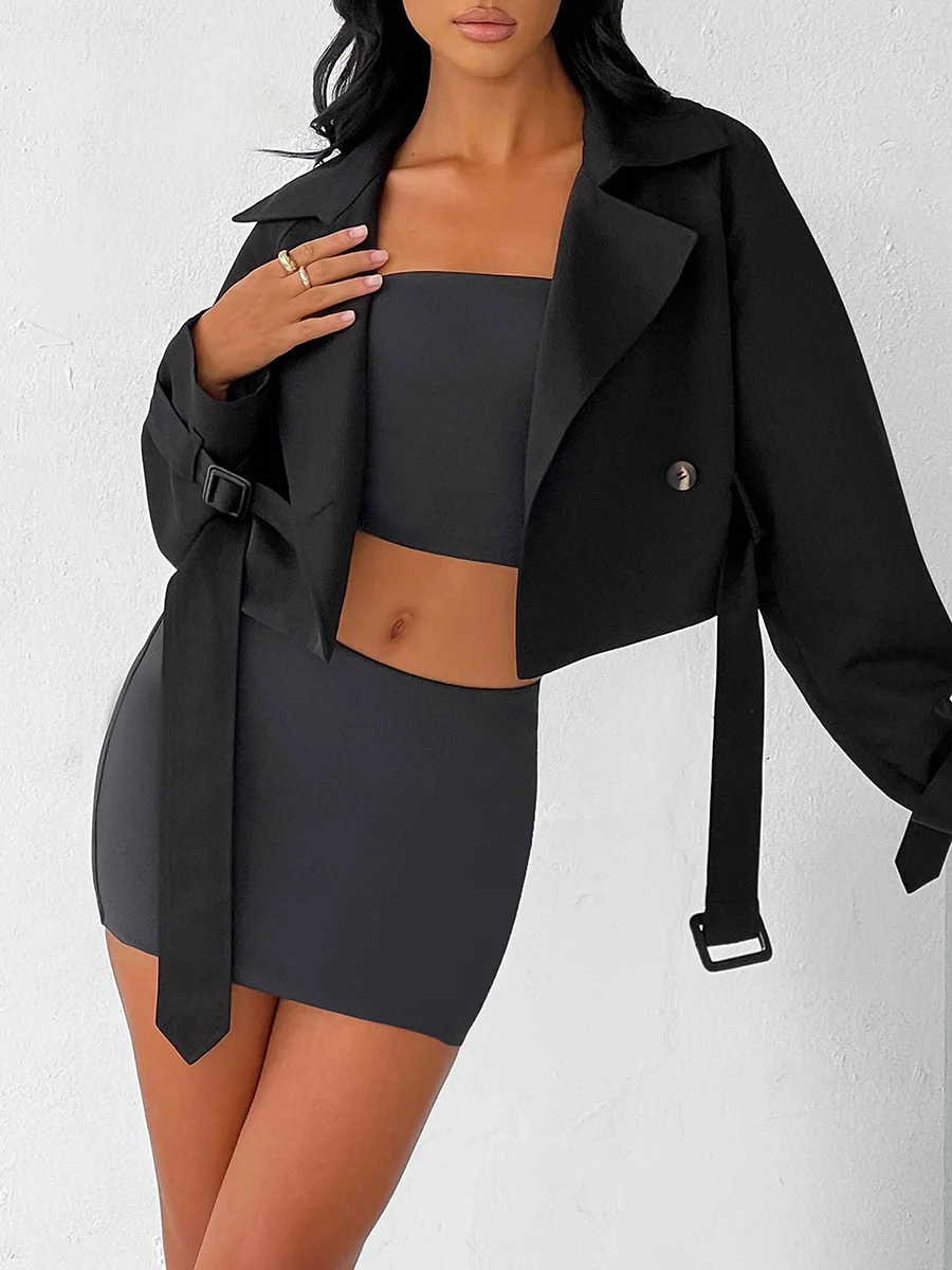 

Womens Trench Coat Casual Lapel Double Breasted Cropped Jacket With Belt Long Sleeve Fashion Shacket Outwear