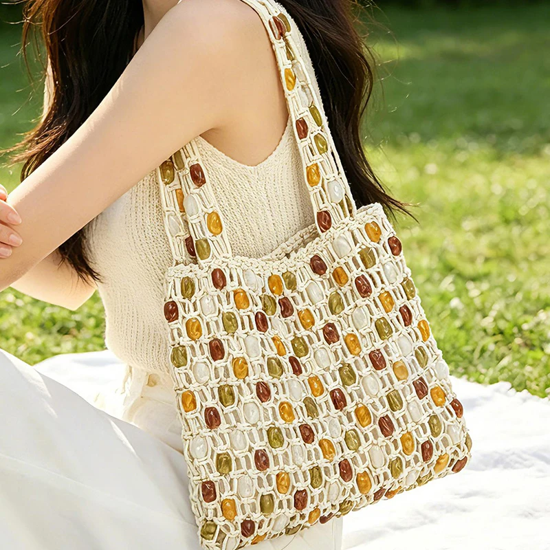 Handmade Crochet Mesh Hollow Out Beaded Bag Vintage Wood Bead Knitted Shoulder Bag Boho Straw Woven Tote Summer Women Beach Bag