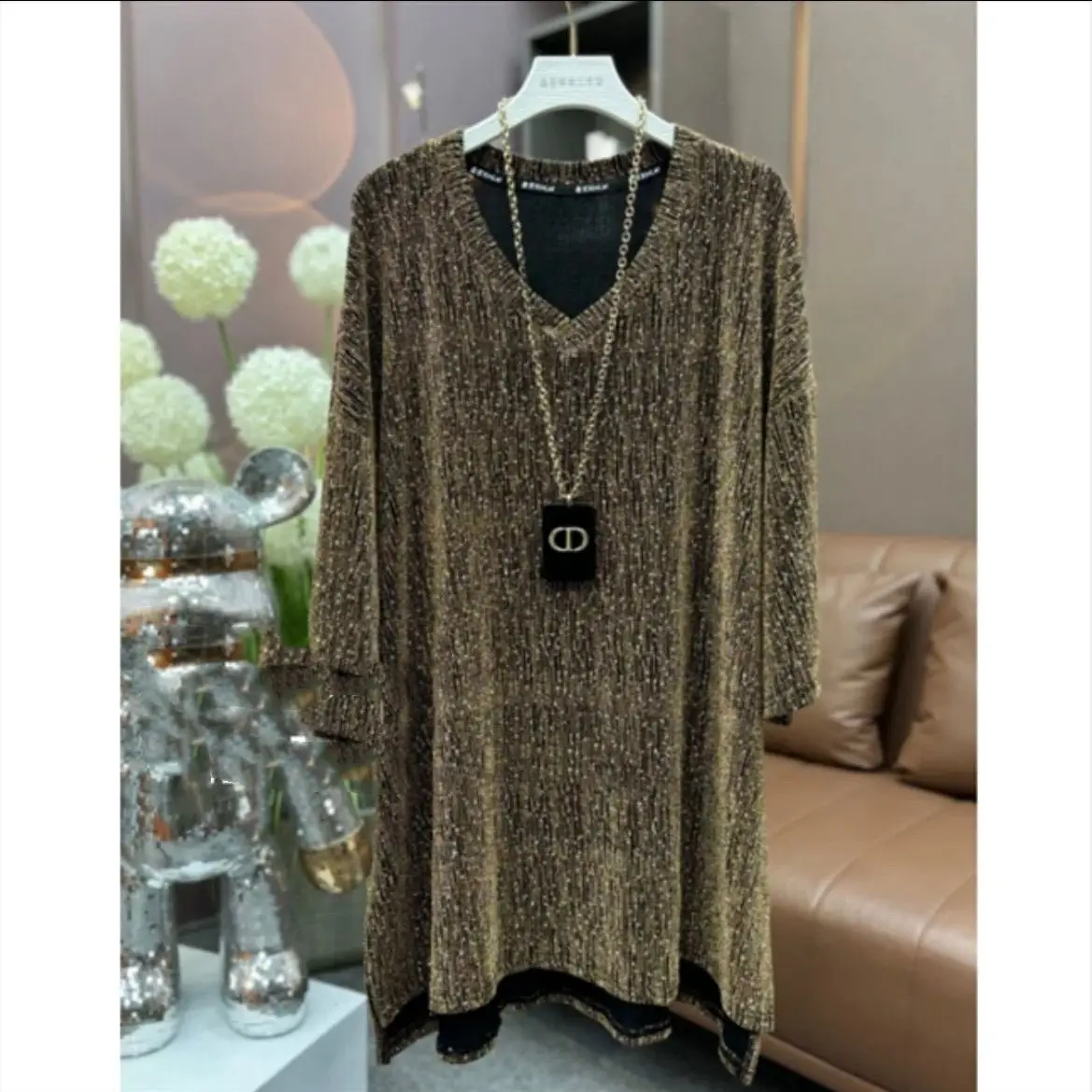 

Spring Summer New Fashion Loose Women V-Neck Mid-Length Stylish Top