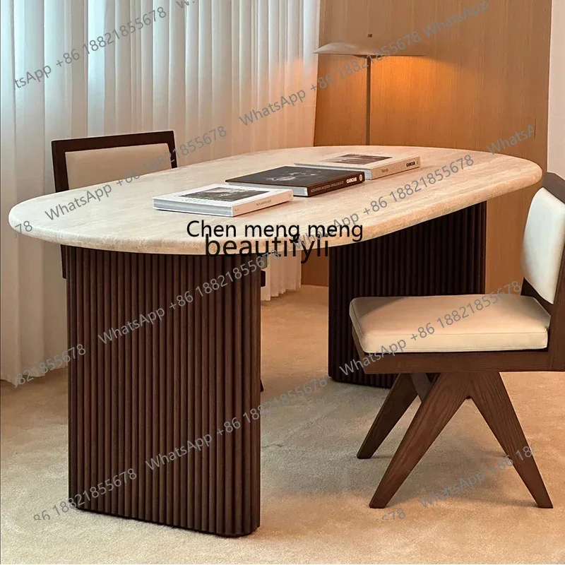 

M178 Medieval solid wood Roman column natural travertine wabi wind dining table oval household, high-end dining table