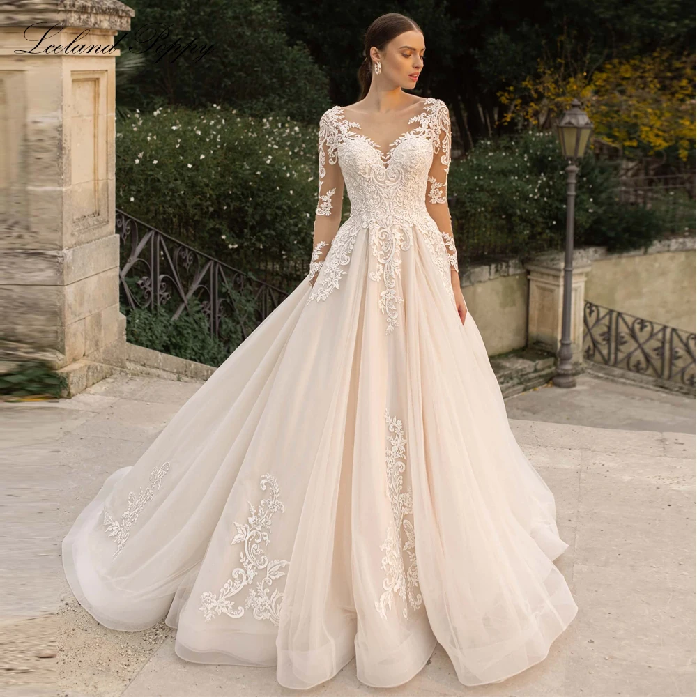 أيسلندا الخشخاش مخصص ألف خط الدانتيل يزين فساتين الزفاف الأكمام الكاملة الطابق طول تول أثواب الزفاف