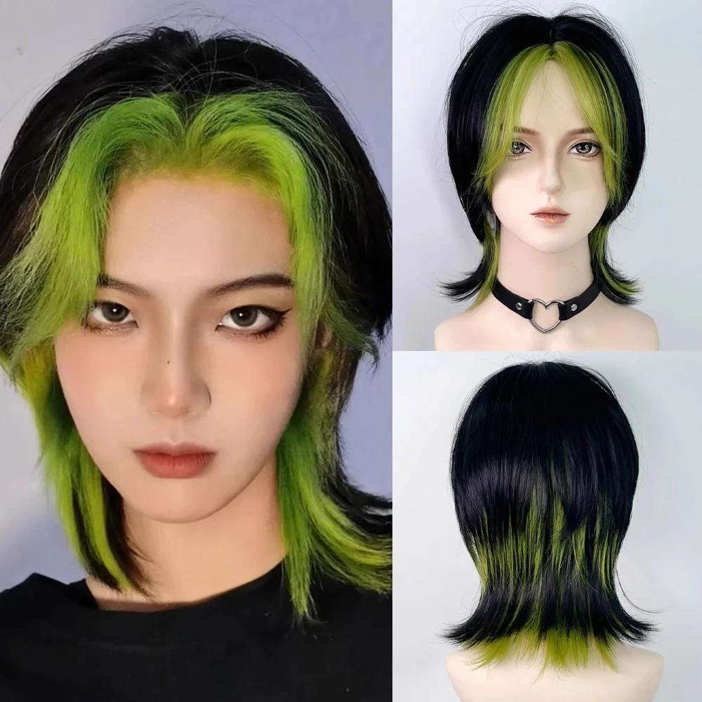 

Short Straight Mullet Head Wigs Synthetic Black Green Blend Lolita Cosplay Daily Party Fake Hair Heat Resistant Wig